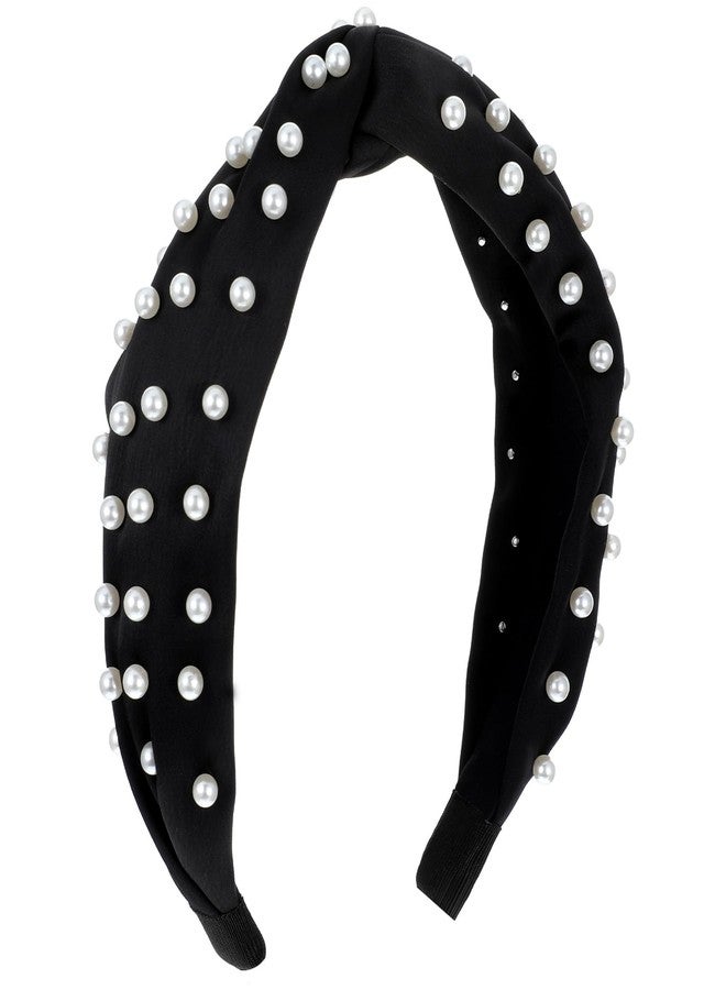 MBAIYO Pearl Knotted Hairbands for Women, Non-Slip Beaded Headband Jeweled Embellished Headband Wide Elegant Ladies Hairband Black Hair Hoop Hair Accessories with Pearls (Black) - Image 1